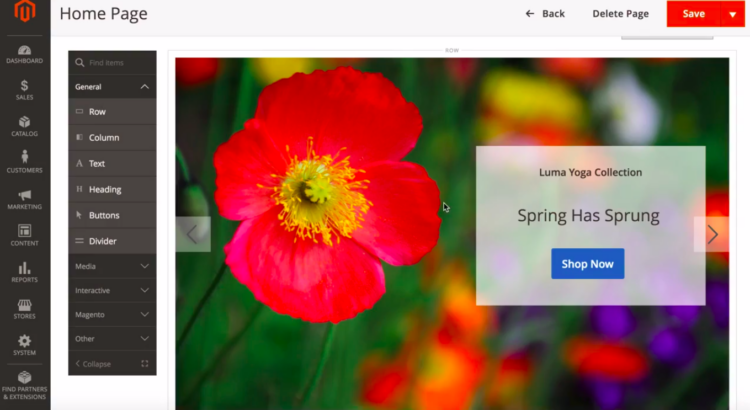 Imagem de uma tela com a funcionalidade Page Builder, da plataforma Adobe Commerce