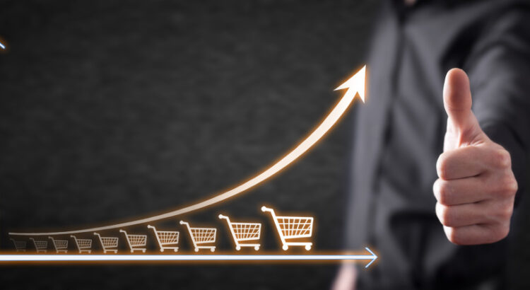 Gráfico com imagens de carrinho de e-commerce, simbolizando crescimento